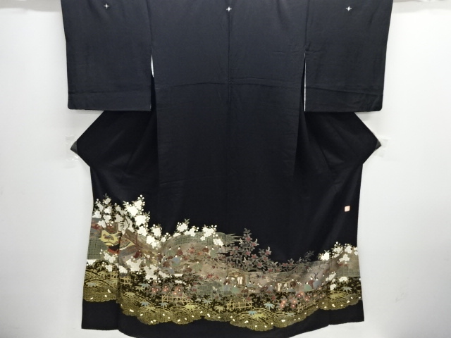 JAPANESE KIMONO / TOMESODE / KINSAI / SHELL INLAY / FLORAL PLANTS / ARTIST WORK